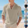 Men's Cotton-Linen Long-Sleeve Deep V-Neck Top, Lightweight Casual Shirt