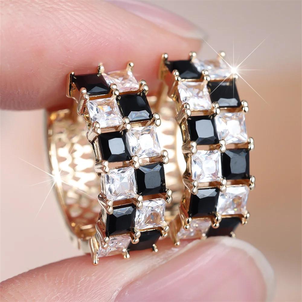 Exquisite Square White Black Zircon Chessboard Hoop Earrings for Women Vintage Golden Wedding Jewelry Gifts