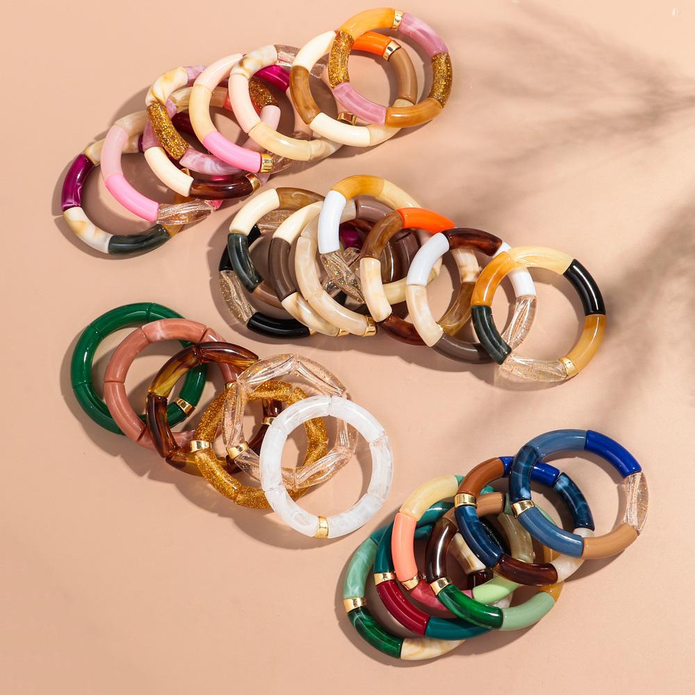 Trendy Chunky Bamboo Tube Beaded Acrylic Bracelets for Women Man Multicolor Resin Stretchy Statement Bangle Stack Jewelry Gift