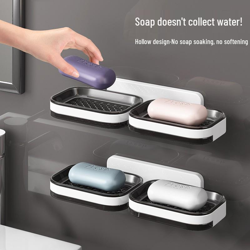 Dual-Layer Wall-Mounted Soap Dish with Draining Tray for Bathroom Storage