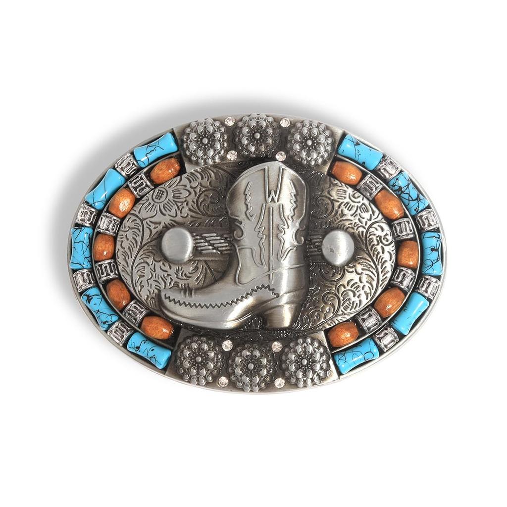 Cowboy Boots Belt Buckle for Silver Alloy Oval Buckle with Turquoise Western 10 x Birthday Gift [Rockyu] Men, Decoration, Style, 7.4 cm,
