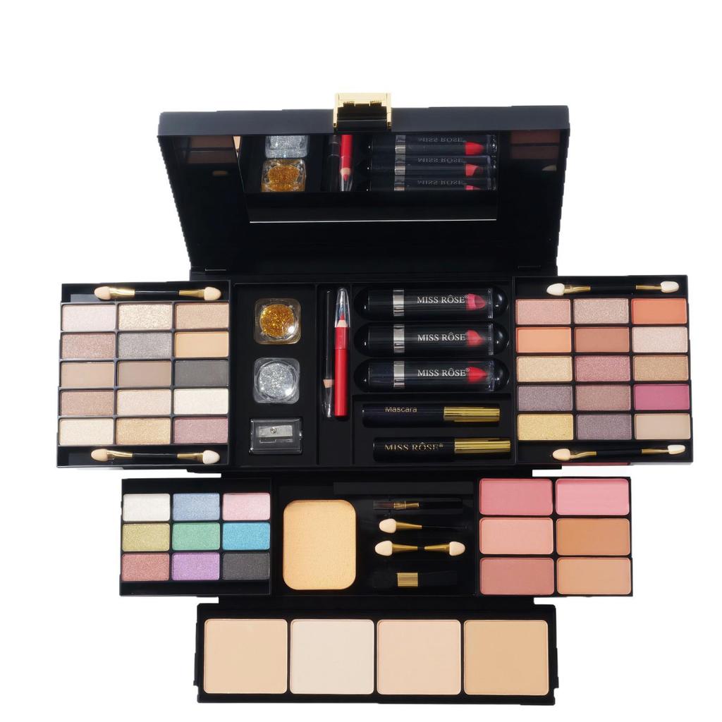 MISSROSE Makeup Palette Set: Eyeshadow, Lip Gloss, Lipstick, Blush, Concealer, Highlight, and Powder.