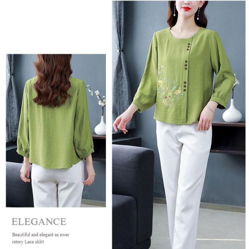 Jaro podzim maminčina košile s 3/4 rukávem bavlna konopí vintage výšivka korejský top volný střih dámská halenka se zapínáním L-5XL