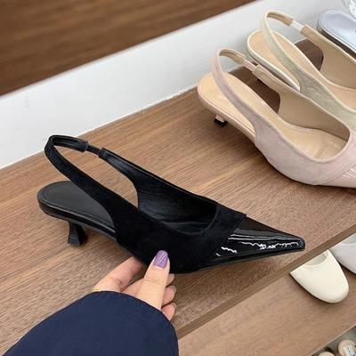 Gespleißte Stiletto-Sandalen Sommer Neu Spitzschuh Flacher Ausschnitt Wildleder Einriemen-Schnalle Weiche Sohle Rutschfest Mittelhohe Schuhe