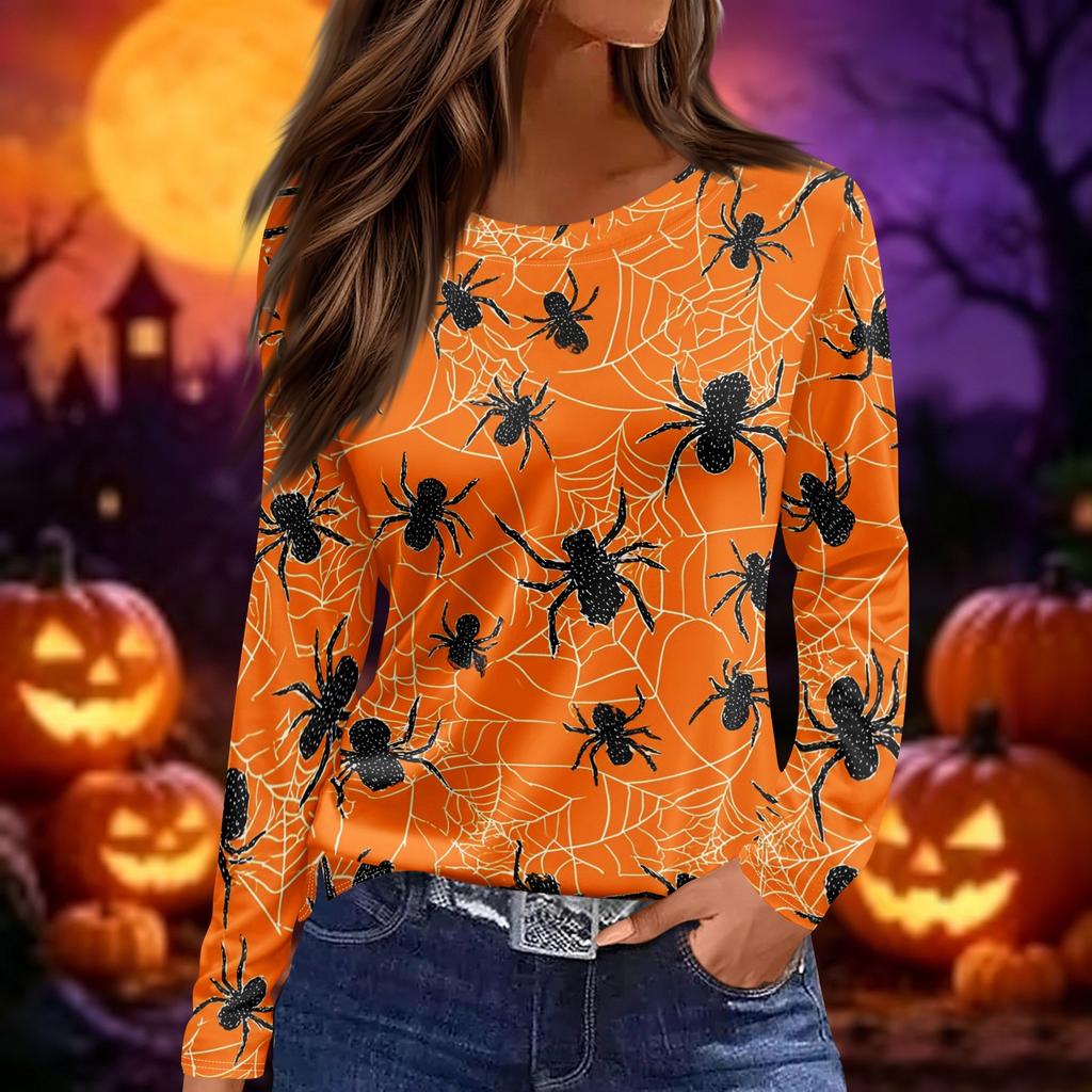 Women's Long Sleeve Halloween Print Top Split Hem Round Neck Casual Pullover Shirt with Festive Graphic Design for Seasonal Wear