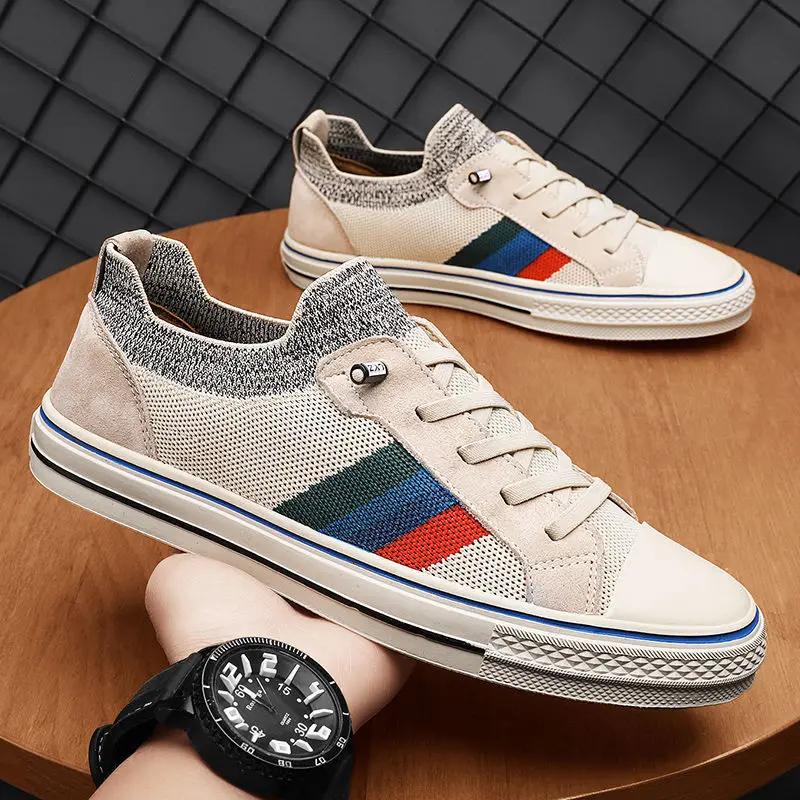 

Мужская повседневная обувь весна-лето полосатые плоские туфли для скейтбординга дышащие вязаные кроссовки без застежек 44