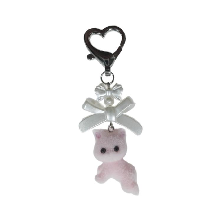 

Flocking Cat Keyring with Bowknot Pendant Keychain Bows Phone Lanyard Animal Key Chain Charm Accessories Car Key Holder 1 рожевий