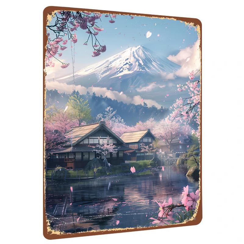 

Traditional Japanese Village Cherry Blossom Season Iron Painting Fuji Mountain Background Home Decor Mural 20x30cm（7.8x11.8inch）
