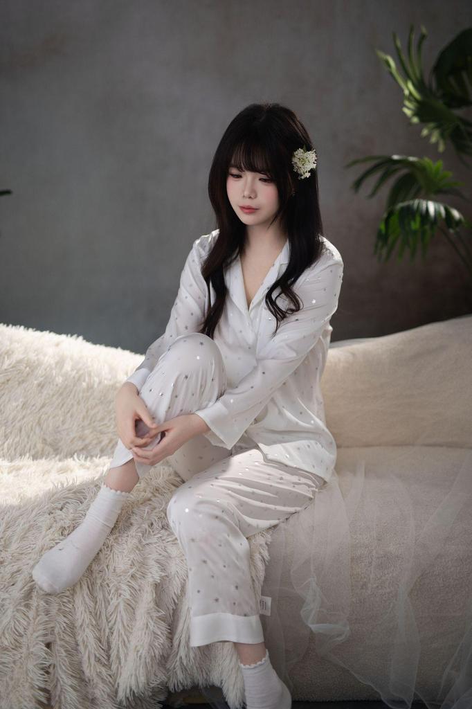 Women's Acetate Pajamas - Spring/Autumn, Ice Silk, Long Sleeve, Plus Size, Printed Cardigan Set, High-End Home Wear