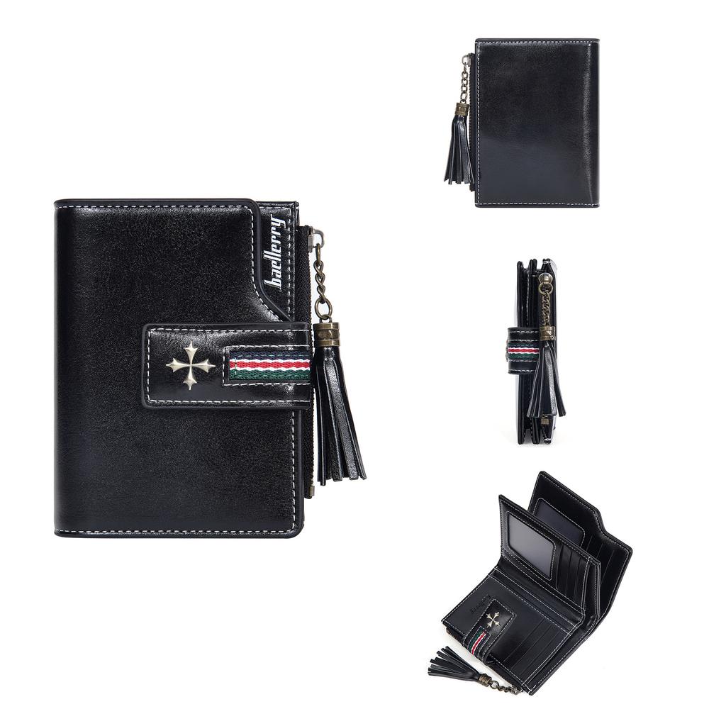 New pu women's wallet Korean oil wax leather fringed fashion short multi-card zipper change bag