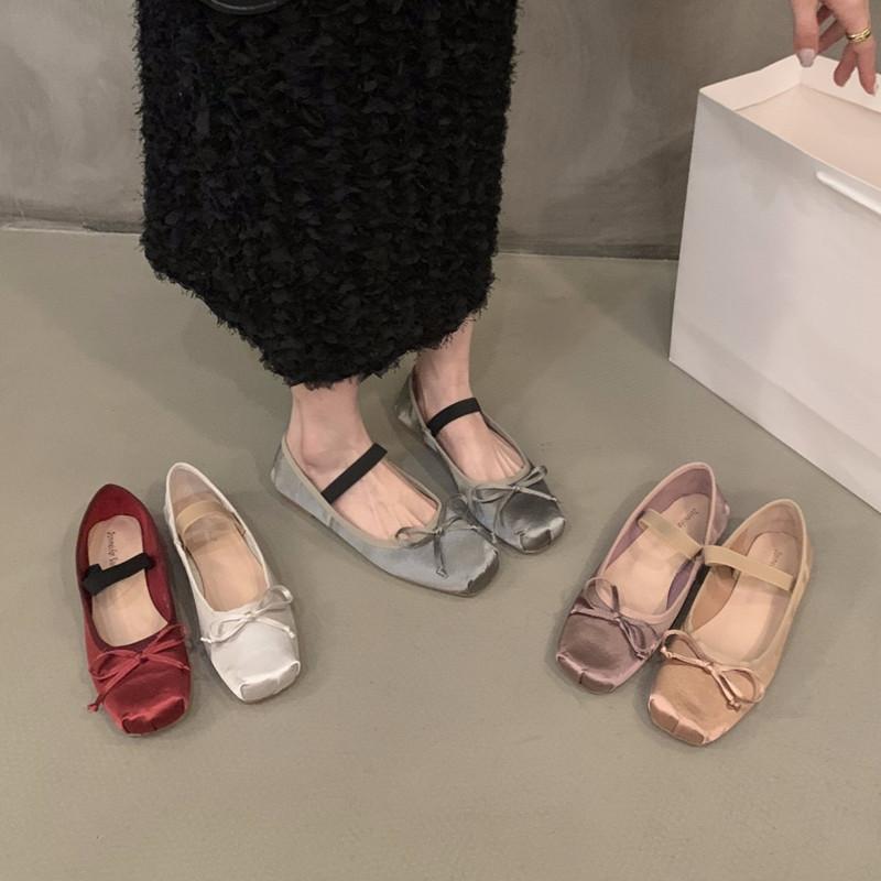 Fashion Bailamos Brand Luxury Satin Silk Ballet Shoes Woman Classic Square Toe Bowtie Elastic Band Ballerina Flats Ladies Soft Loafers M