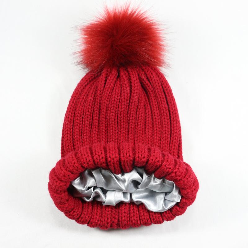 New Protective Hairstyle Silky Elastic Removable Hairball Satin Knitted Hat, Wool Hat, Ladies