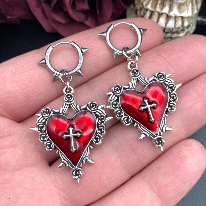 

Goth Jewelry Thorns Heart Cross Earrings Red Dripping Oil Rose Flower Earrings for Women Punk Charms Accessories Grunge Earrings Red