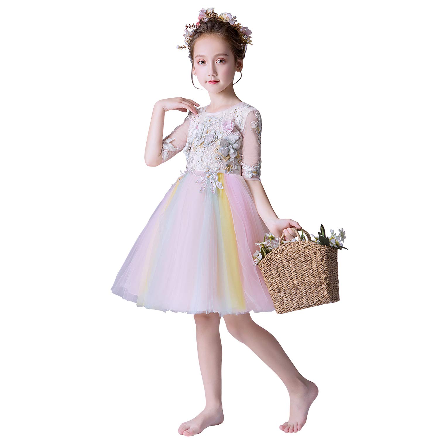 

Weileenice Rainbow Size Dress with Embroidered Floral Tulle Rainbow Formal Wear for and Parties Children s Dress, 140, White, Girls Sleeves, Lace,