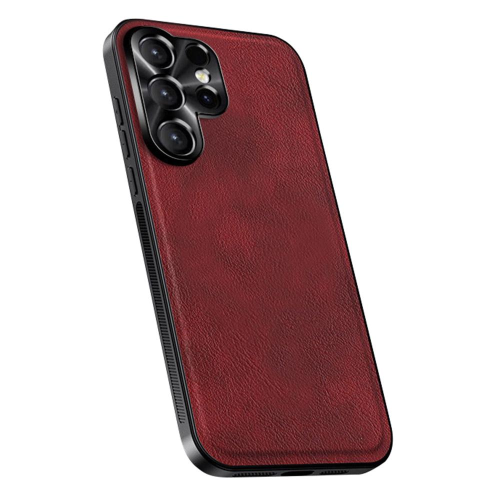

For Samsung Galaxy S24 Ultra Case PU+TPU+PC Phone Back Cover with Metal Lens Frame Wine Red