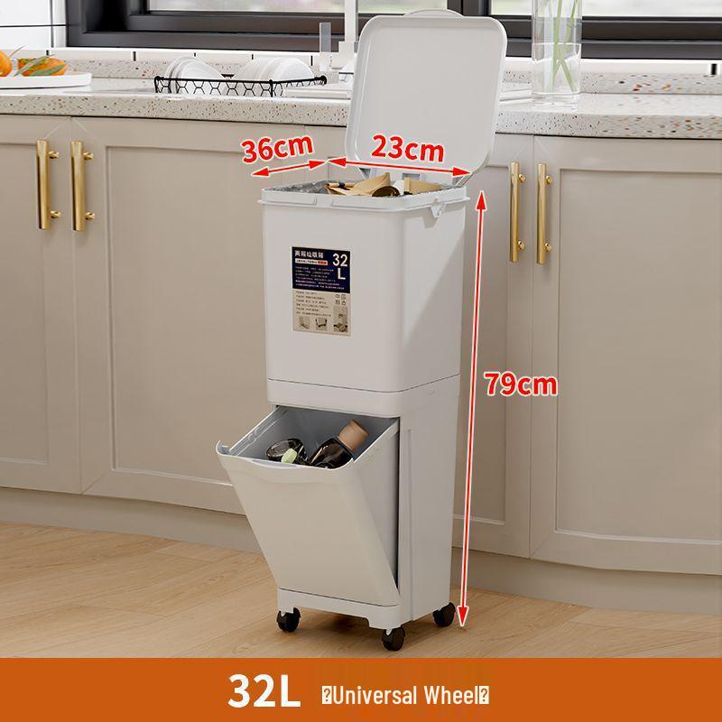 Large Capacity Double Layer Movable Kitchen Trash Bin with Dry/Wet Separation