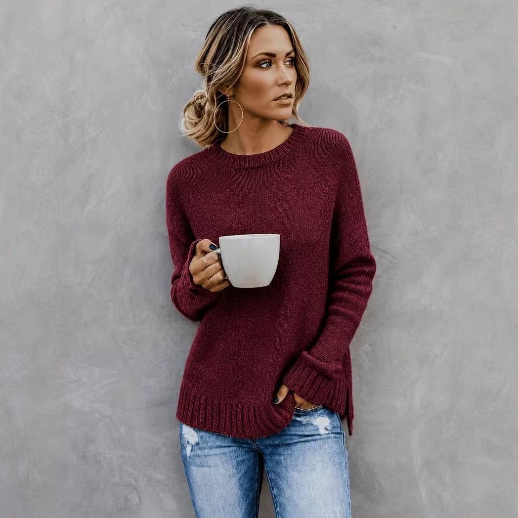 Women's Retro Versatile Knit Sweater: Front Short, Back Long, Round Neck, Long Sleeve Pullover