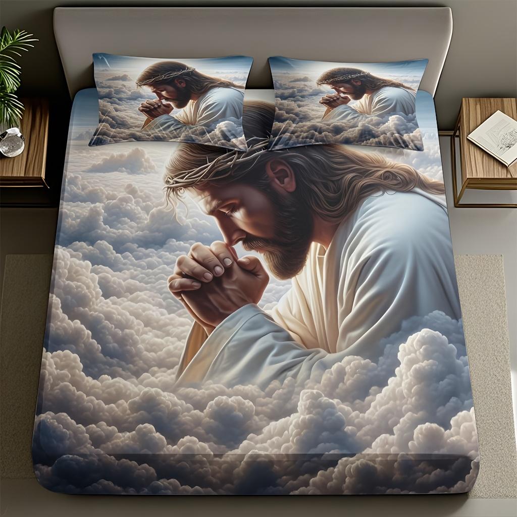 

3pcs Comfortable Praying On Clouds Bed Fitted Sheet Set Soft High-Definition Digital Print Soft Breathable 100% Polyester EU Twin(135x200cm)