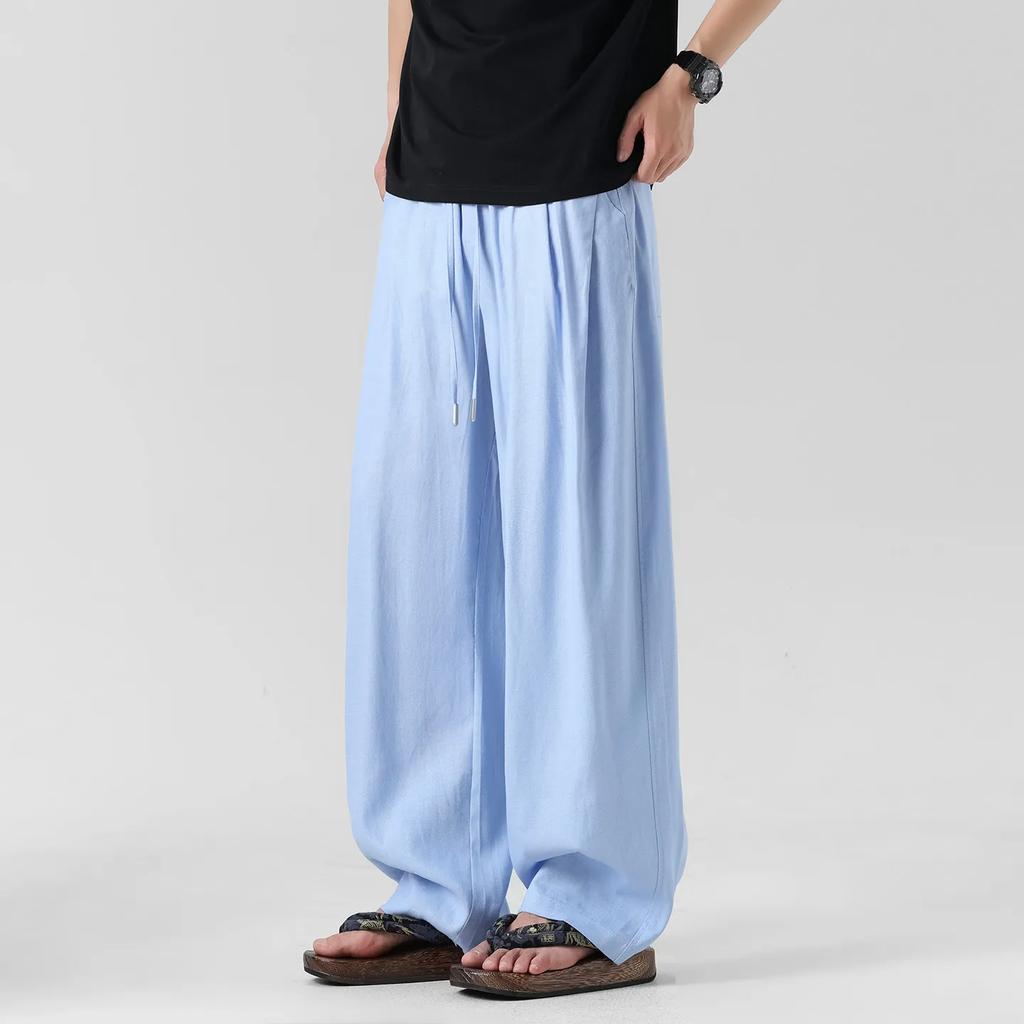 Summer Men's Drawstring Linen Pants Men Thin Straight Loose Long Trousers Male Casual Daily Wear Breathable Lightweight Pants