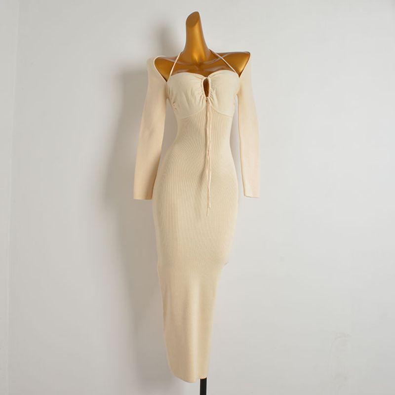 

Fashion Style Sexy Low Cut Halterneck Knitting Dress Women s Tight Waist Thin over the Knee off-Shoulder Spaghetti Straps Long Skirt Apricot color One size