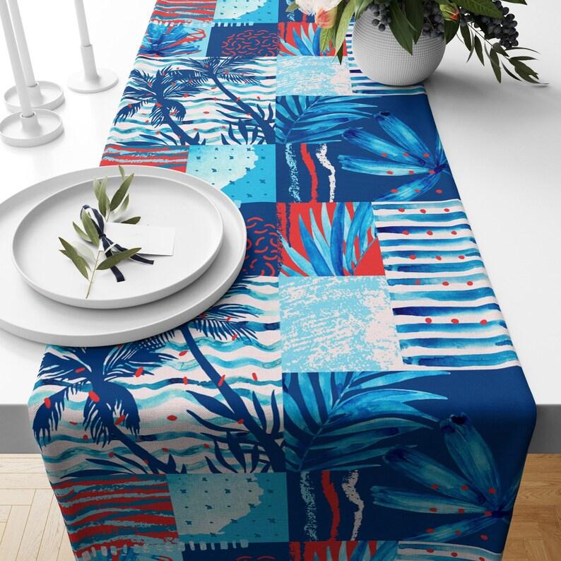 Nautical Table Runner, Fish Table Top, Decorative Table Cover, Navy Blue Tablecloth, Starfish Print Table Decor, Seaweed Runner, Home Decor