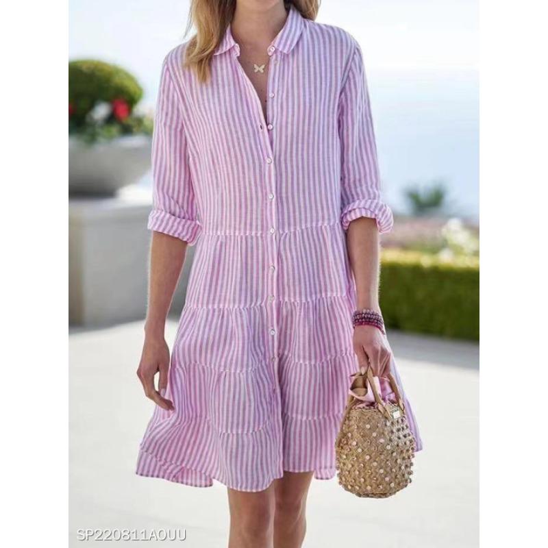 Summer long-sleeved women's striped lapel dress, elegant, generous, comfortable and versatile