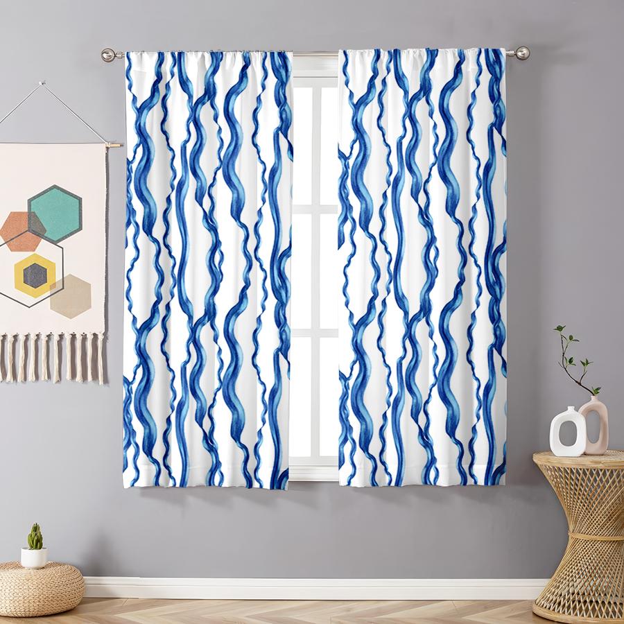 Set Of 2 Blue White Watercolor Wavy Curtains Fresh Ocean Style Living Room Bedroom Drawbar Pocket Window Decoration Curtain Polyester Perfect For Area
