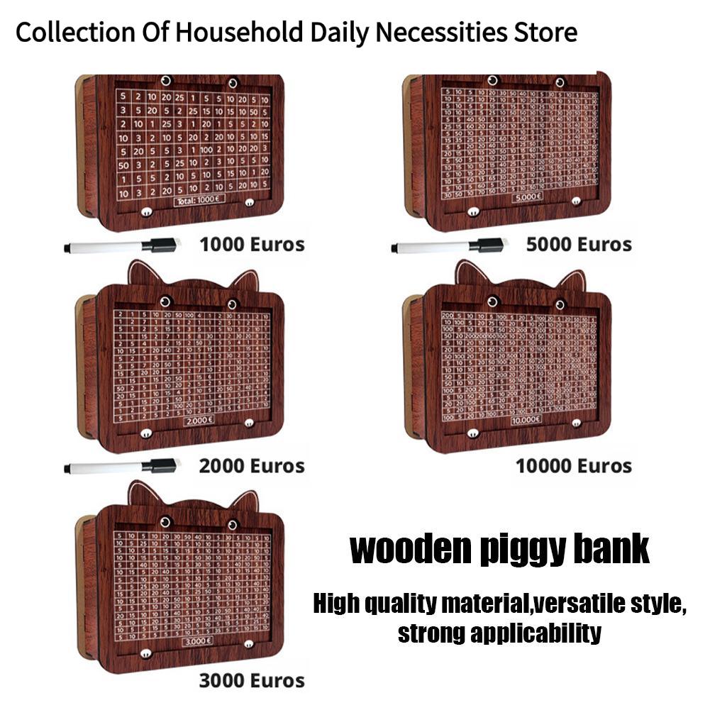Wooden Kitten Bank Money Box 1000/2000/3000/5000/10000 Euro Erasable Savings With Cash Challenge Storage Pen Case U5O8