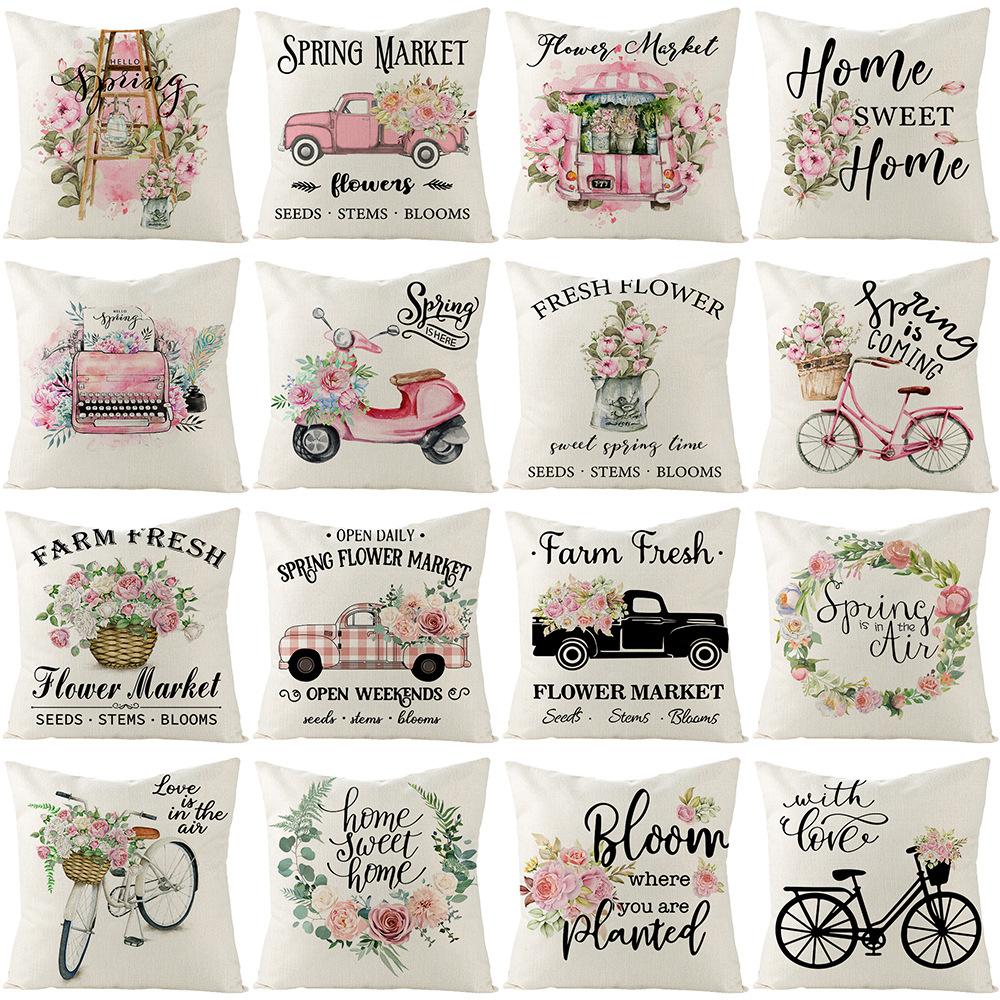 Spring Floral Pillowcase Linen Printed Sofa Pillowcase Pink Truck Bedroom Cushion Cover