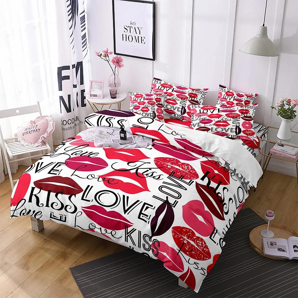 Comforter Lips Polyester Red Heart Valentine'S Day Present For Couple Wife King Queen Size Bedding Set With