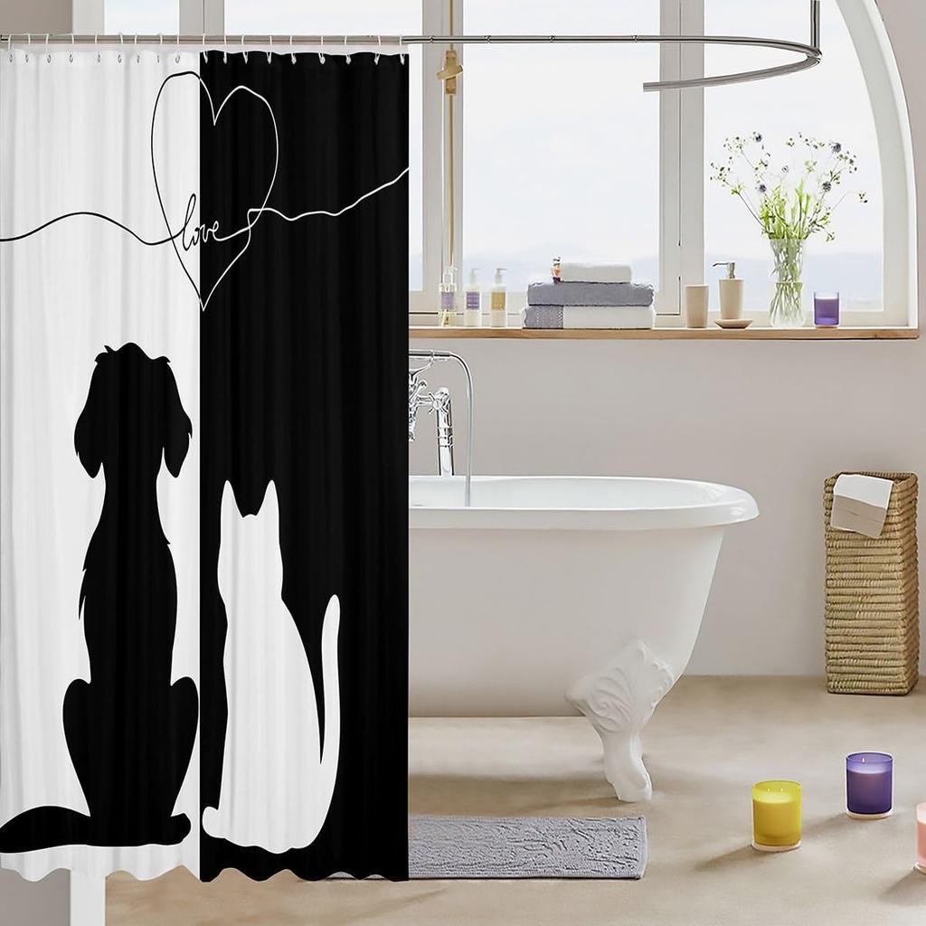 Homewish Cat and Dog Silhouette Shower Curtain for Home Bathroom Black White Color Bathroom Decor Hooks Waterproof, 72Wx78L Inch