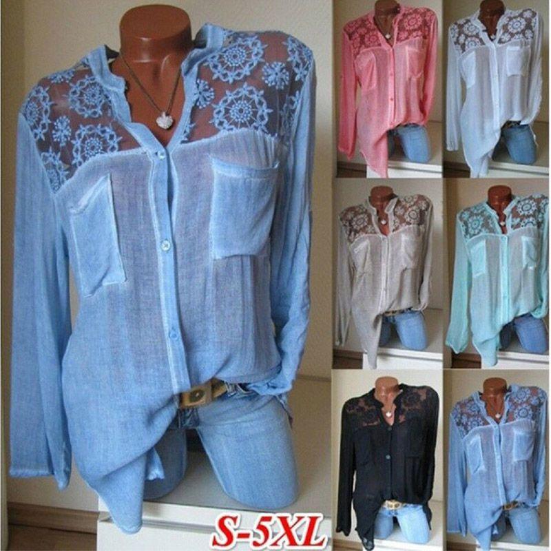 Elegant Plus Size Women V Neck Lace Splice Loose Summer Casual T-shirt Blouse