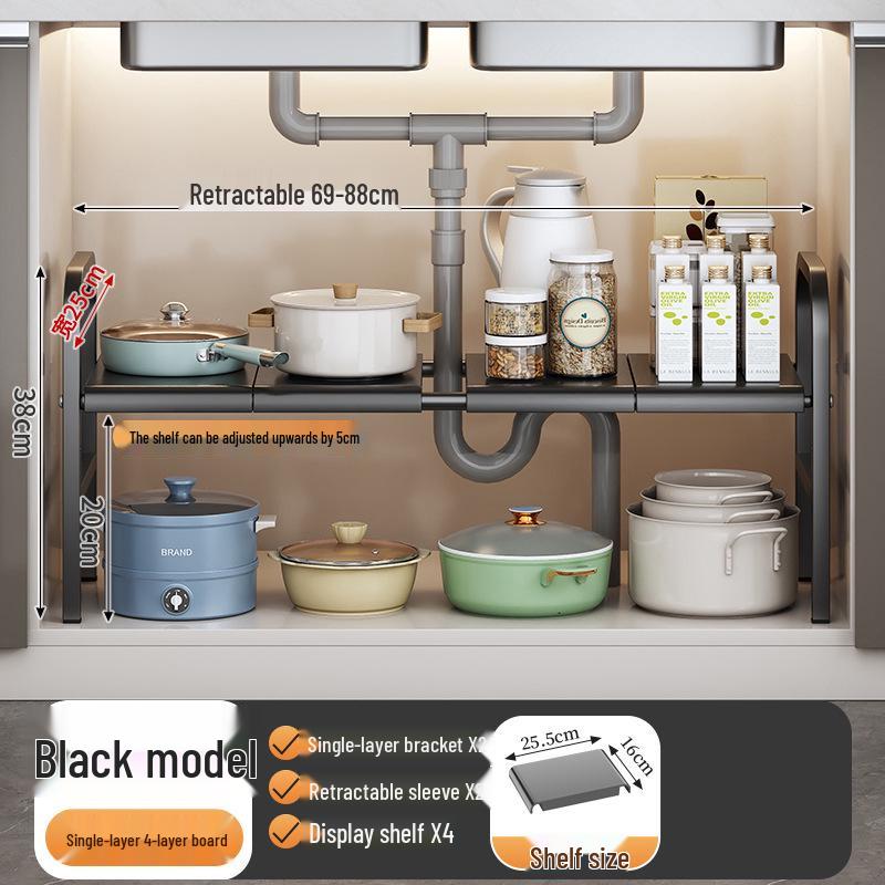 Retractable Under-Sink Tiered Shelf and Pot Storage Rack
