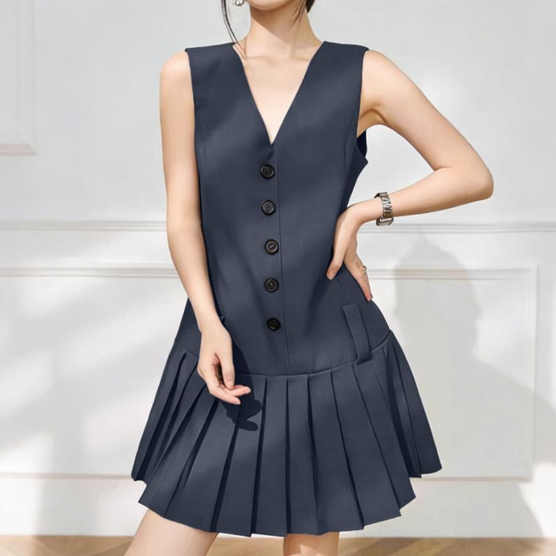 ZANZEA Women Elegant V-Neck Casual Sleeveless Pleated Dress