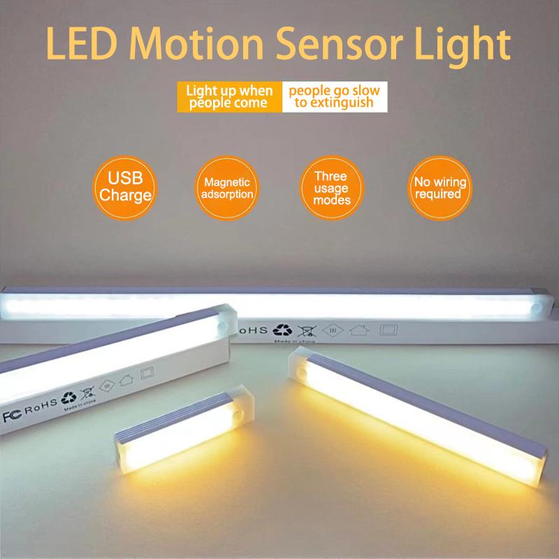 Rechargeable Motion Sensor LED Bar Light Induction Night Light Portable Cordless Magnetic Cabinet Lamp for Kitchen Bedside Room