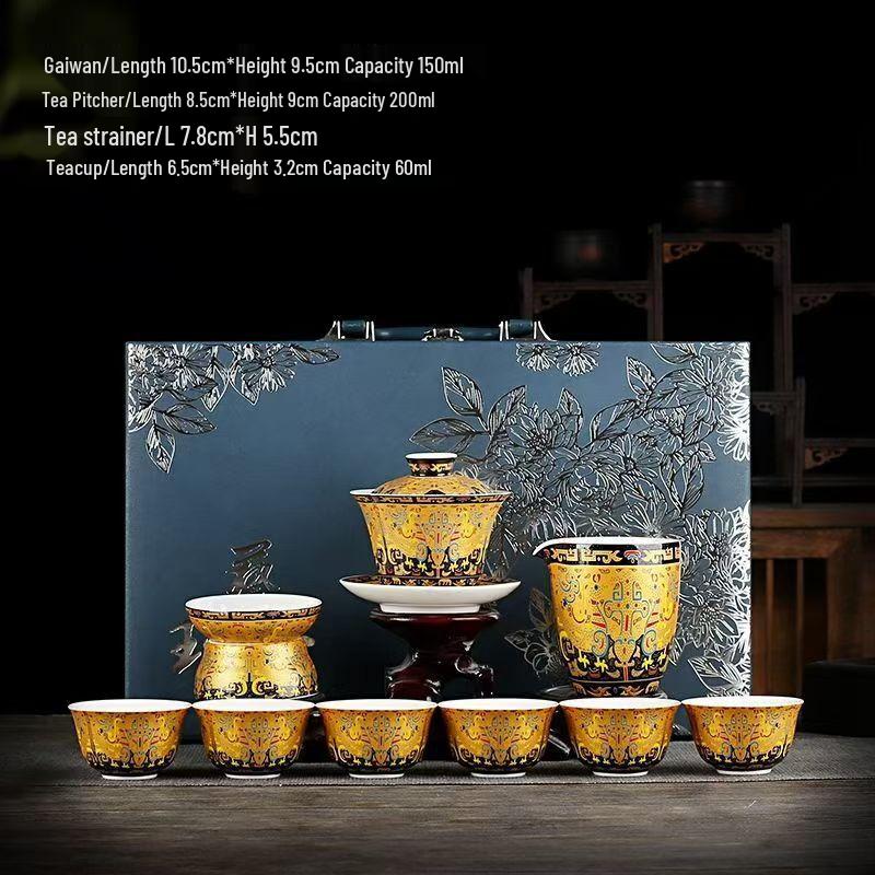Shangqi 10-Piece Thangka Retro Enamel Ceramic Gaiwan Tea Set