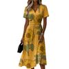 Women’s Short Sleeve V Neck Midi Dress with Sunflower Print Casual Loose Fit Summer Floral Patterned Dress for Daily Wear