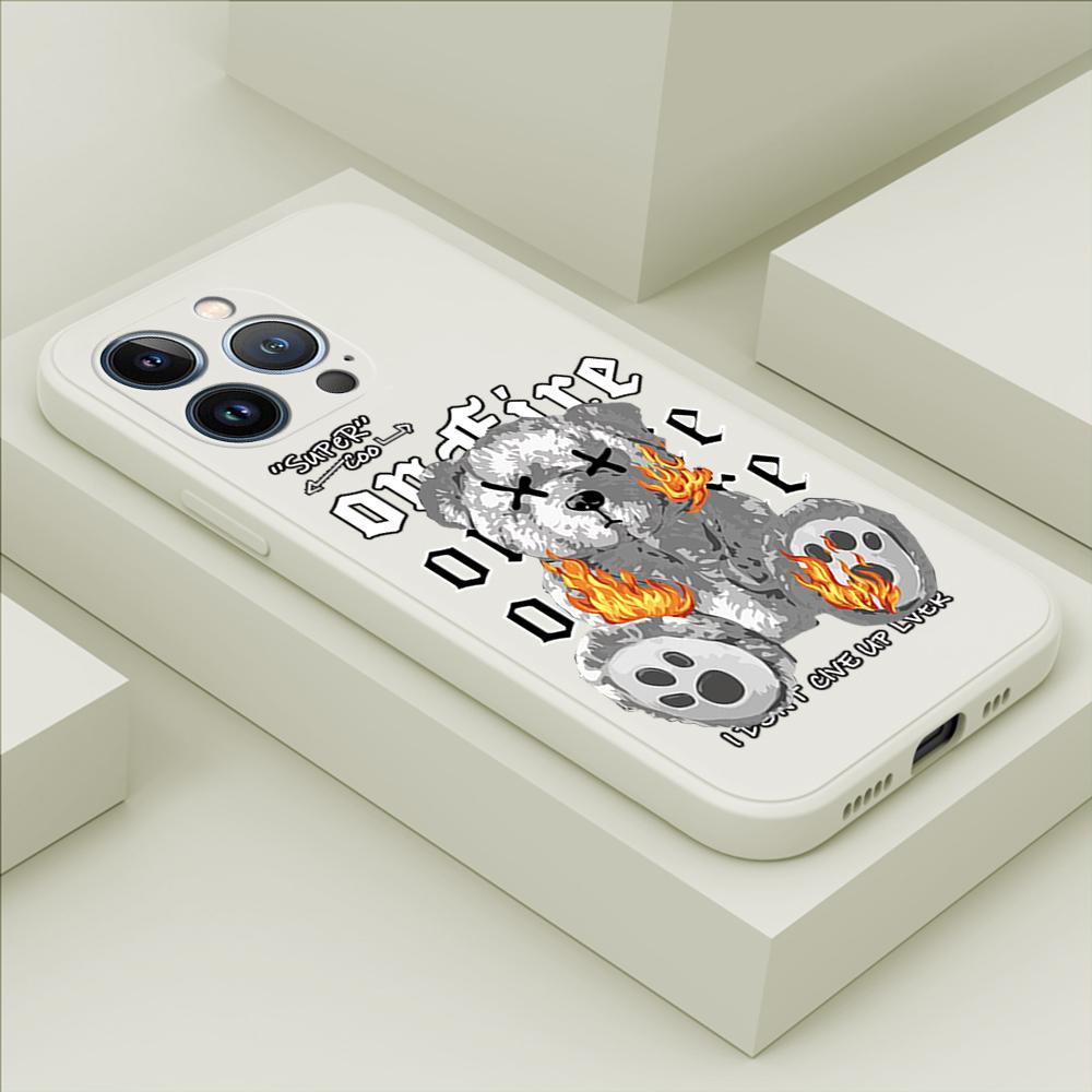 Fashion Cool Flame Bear Phone Case for iPhone 15 14 13 12 11 Samsung Galaxy A12 A52 S24 S23 Xiaomi POCO Redmi Soft Square Liquid Silicone Cover
