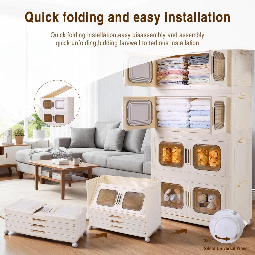 4 Pack Foldable Storage Box with Wheels and Magnetic Doors Stackable Storage Container Plastic Storage Bins for Home and Office