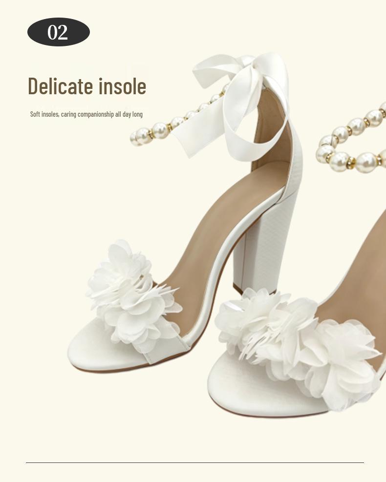 Women's Open Toe High Heel Sandals with Ribbon Pearl Chain - Plus Size Evening Summer Shoes