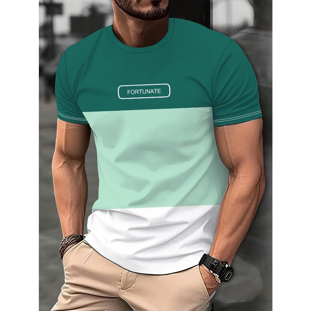 Męska koszulka z nadrukowanym napisem w gradientowych kolorach Casual T-shirt z krótkim rękawem i okrągłym dekoltem na letnie zajęcia na świeżym powietrzu Topy Odzież