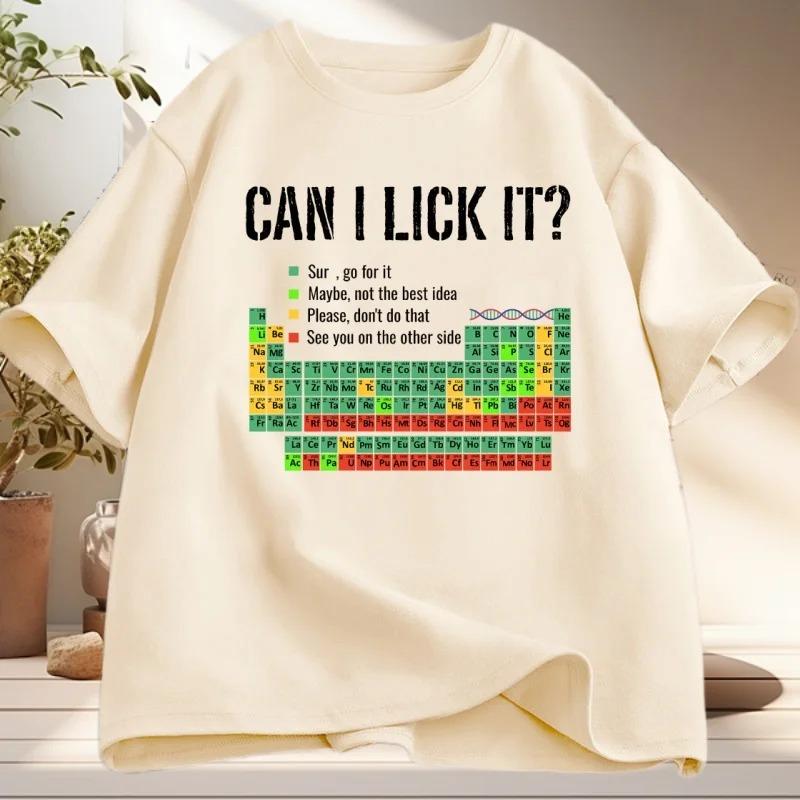 Oversized Short-Sleeve T-Shirt Featuring Humorous "CAN I LICK IT?" Typography, a Color-Coded Periodic Table of Elements with Safety Level Annotations