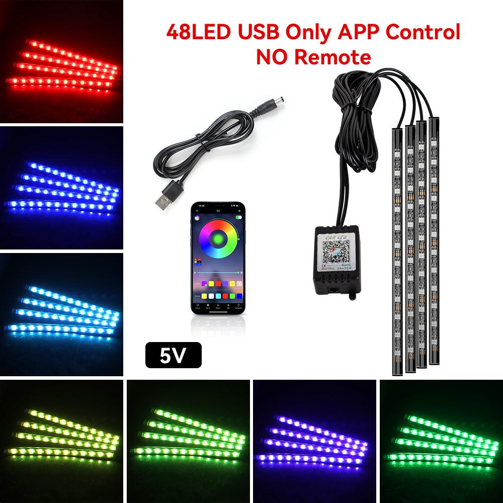 4in1 LED RGB Interior Ambient Car Light Strip Foot Light Dynamic Flash Light Music APP Control RGB Color USB/Cig Car Accessories