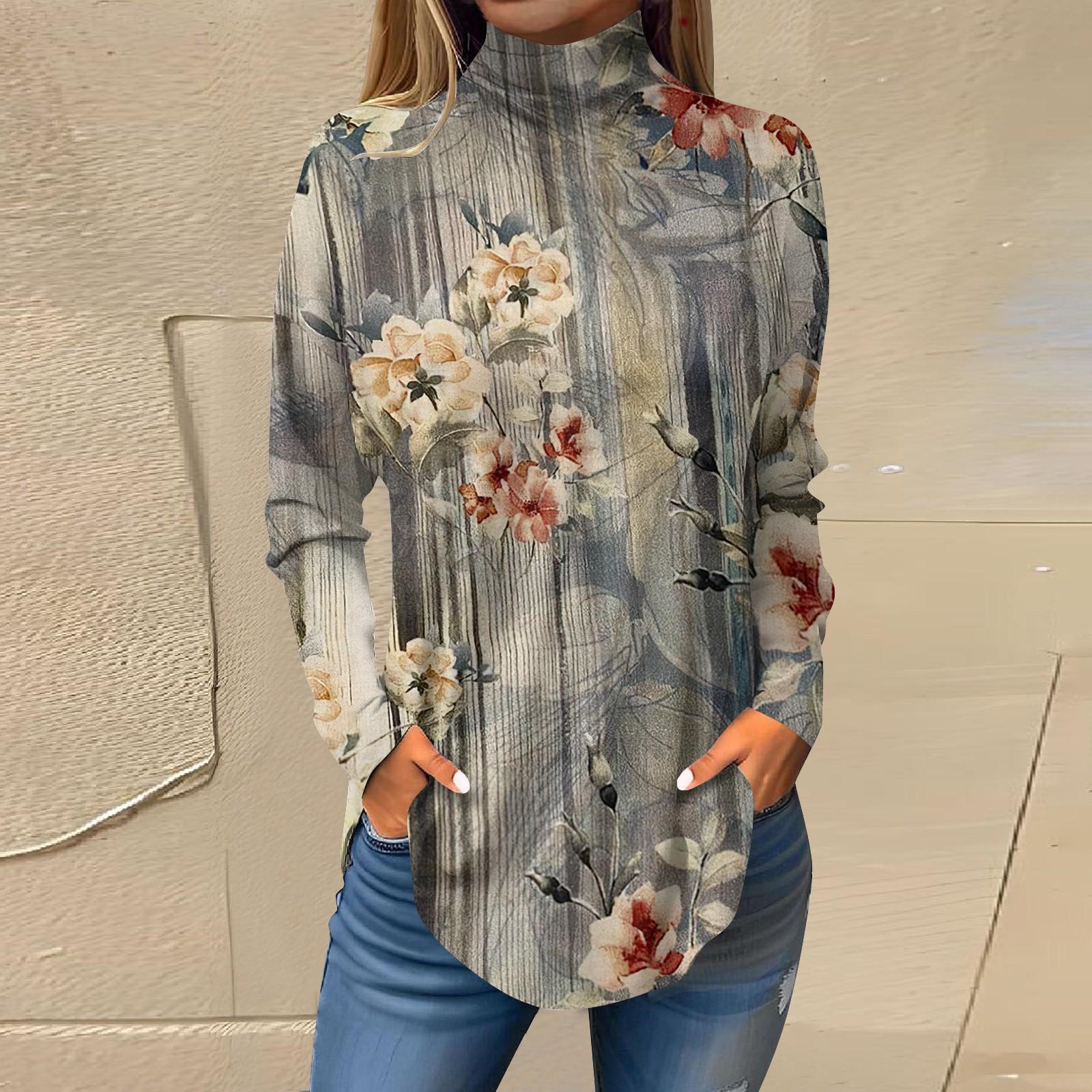 

Женская модная повседневная футболка с длинным рукавом с высоким воротом и принтом, пуловер, топ L бежевый