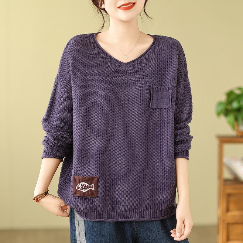 Retro Style V-Neck Patchwork Cotton Knit Sweater - Long Sleeve Loose Fit Pullover