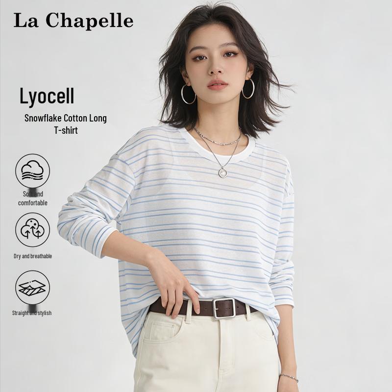 La Chapelle Women s Lyocell Blend Striped Sheer Long Sleeve T-shirt 2XL