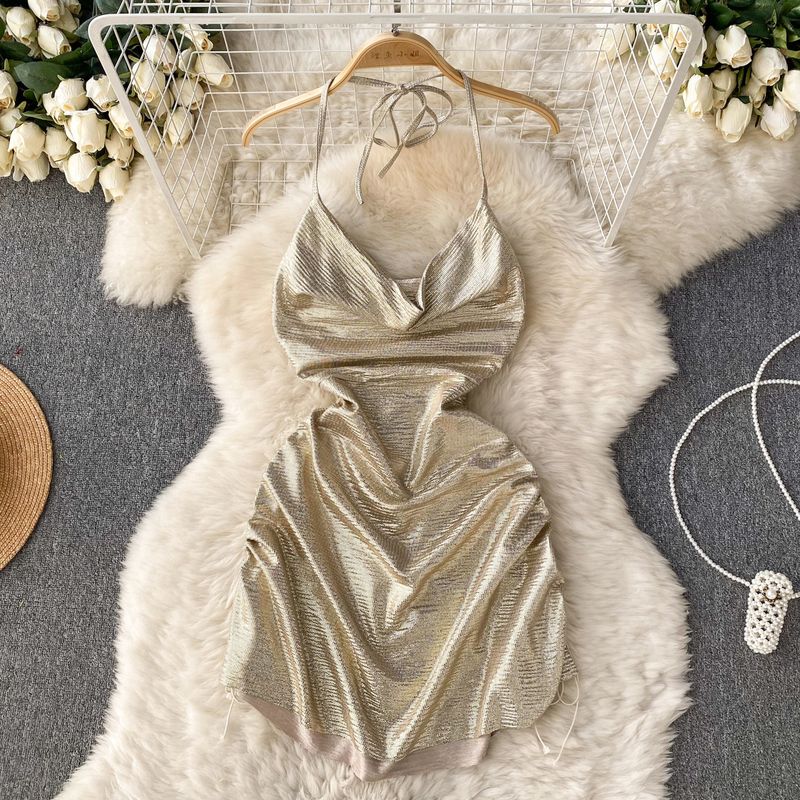 

Pure Desire Style Halterneck Dress Women s Fashion Ins Hot Skirt Ruched Elegant Fancy Fitted Waist Backless Short Skirt Gold S