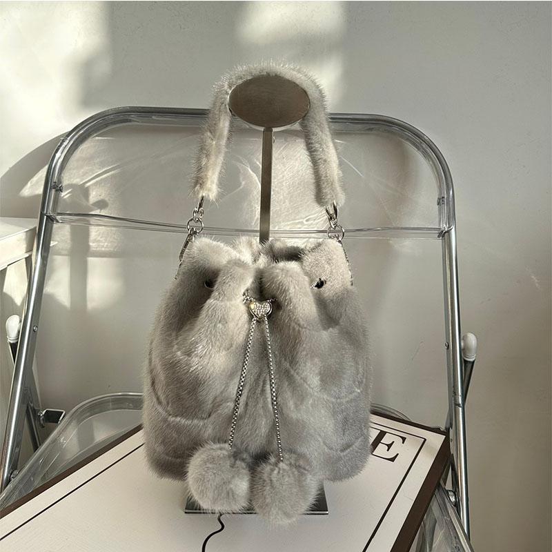 Luxury Real Mink Fur Puffy Shoulder Tote Bag High End Fashionable Soft Women Handbag