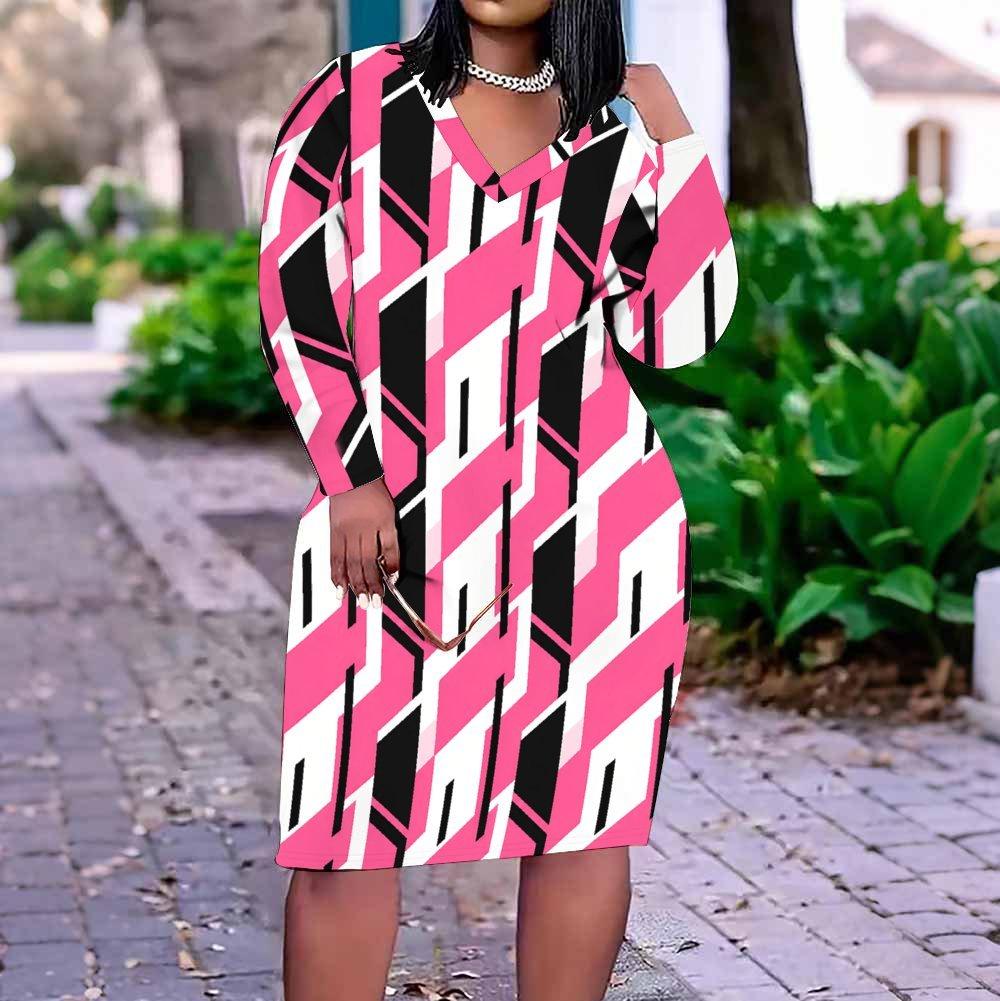 Women Plus Size V Neck Long Sleeve Printed Striped Dress With Pockets