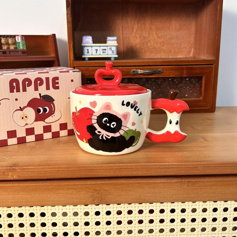 ספל חתול תפוח יצירתי עם מכסה, כוס קרמיקה חמודה בעלת ערך גבוה, ספל מזכרת, מתנה לחג המולד